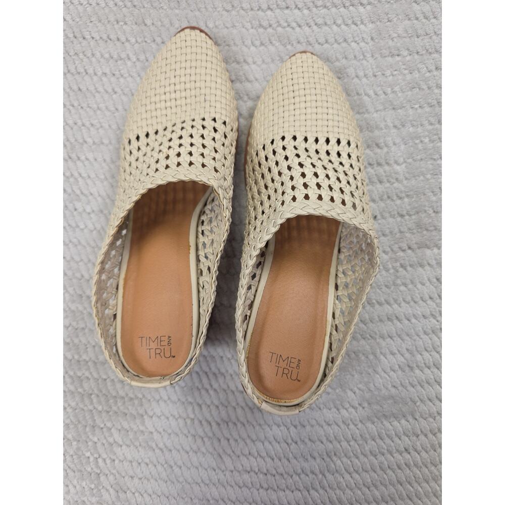 Time & Tru Booties Womens Size 7.5 Ivory Woven Block Heel Mule Slip On Open Back - Picture 8 of 10